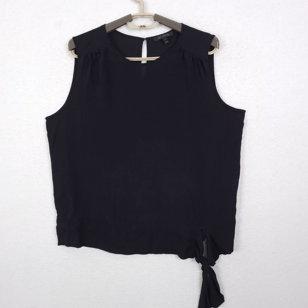 St. John Sleeveless Blouse Women Large Black Side Tie Silk Blend Top Minimalist